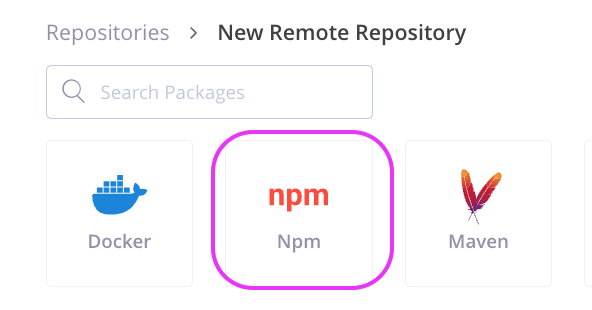 JFrog Artifactory repository type selection screen showing NPM selected as the repository type