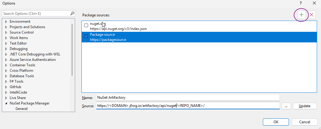 Visual Studio NuGet Package Manager Settings dialog showing a new package source configuration with Name and Source fields filled in